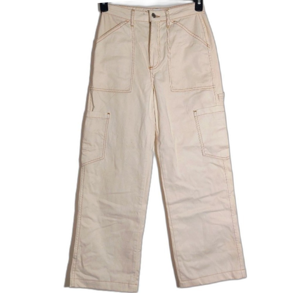 Denim Co. Women's 100% Cotton High Waist Wide Leg Cargo Jeans Cream Size 2 EUC - Picture 2 of 12